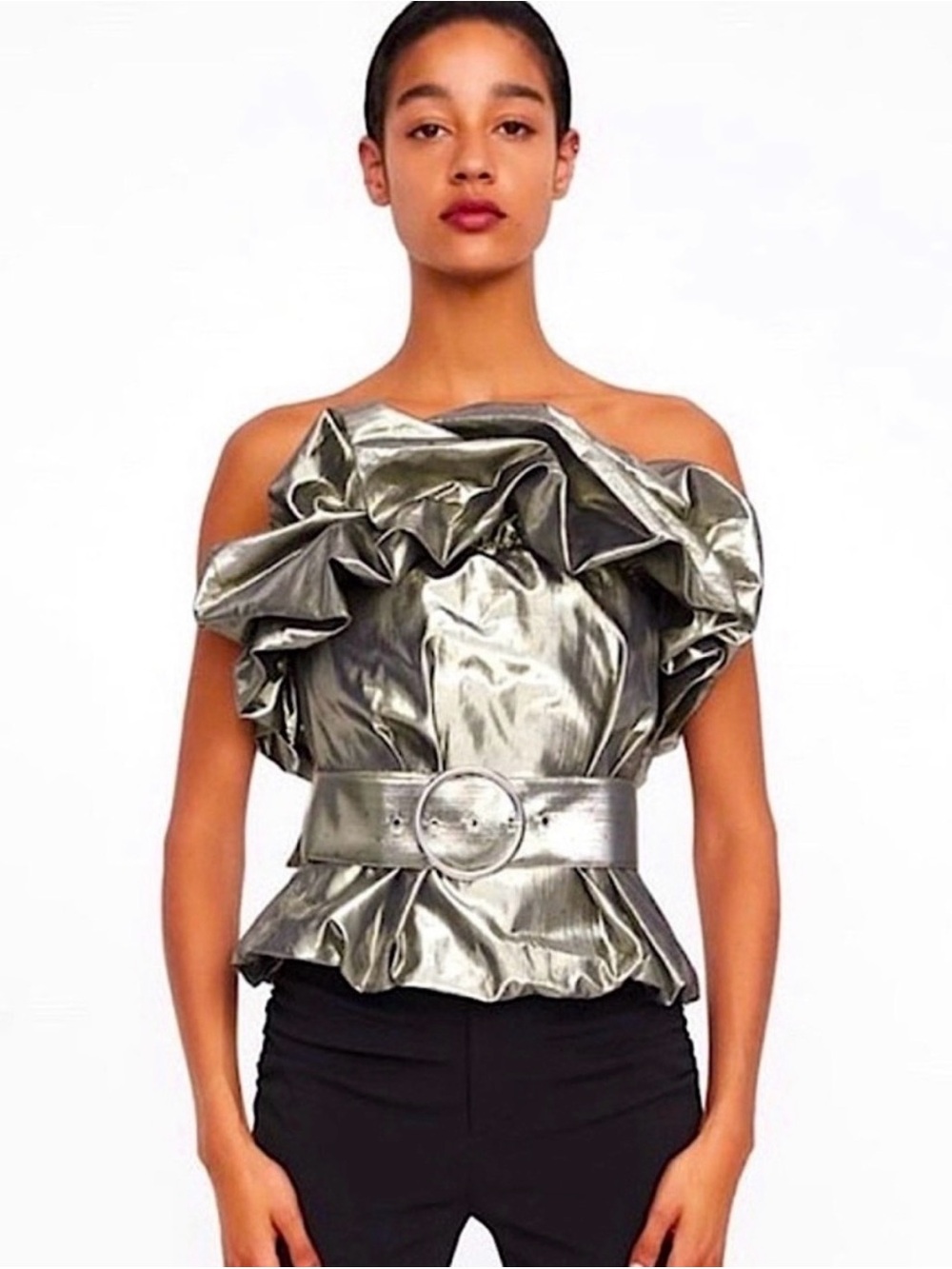Zara Metallic Off-Shoulder Ruffle Belted Top - Silver